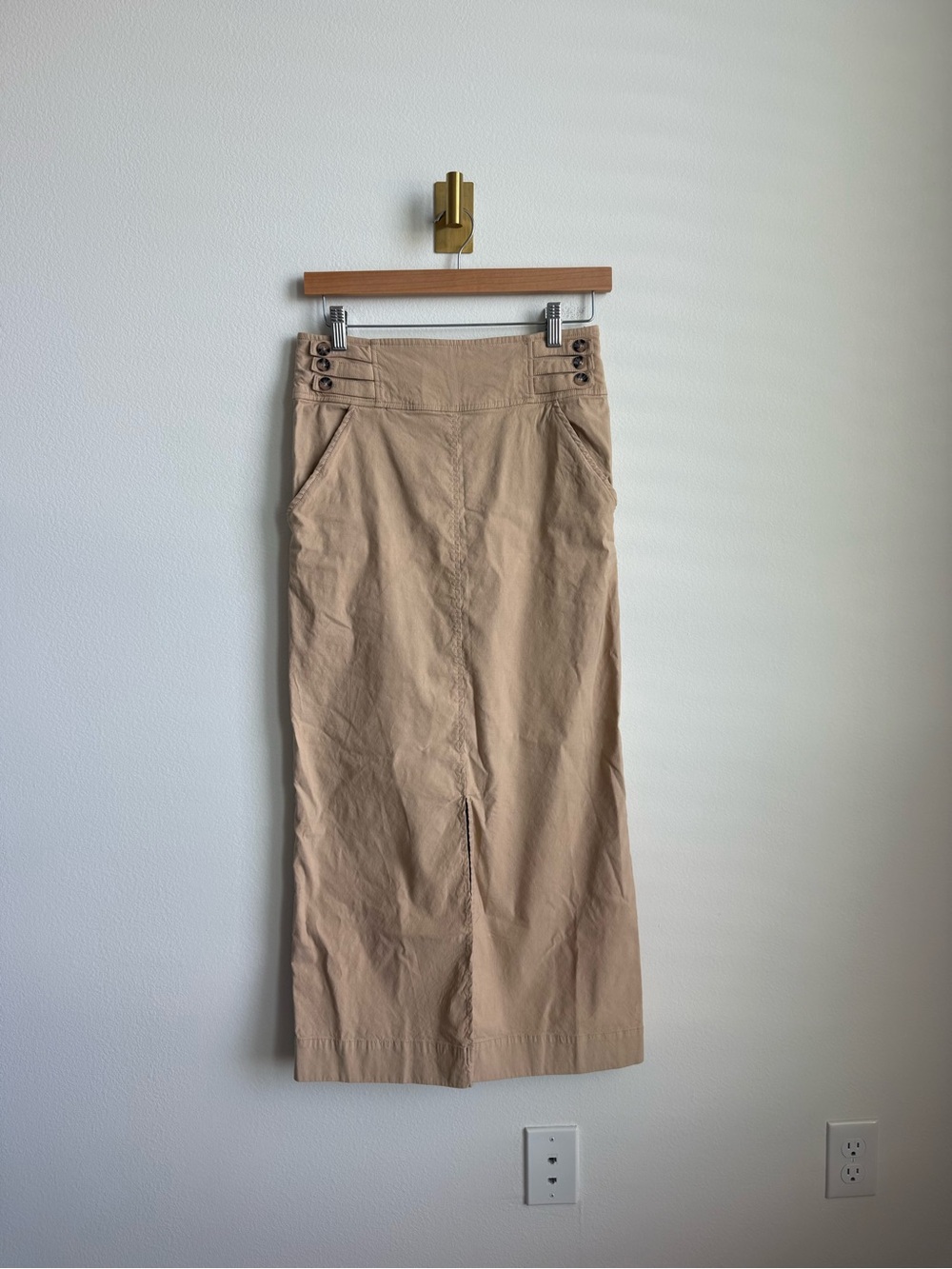 Anthropologie Slim Column Maxi Skirt Tan Linen Blend Front Slit Pockets Size 4 - Picture 6 of 16